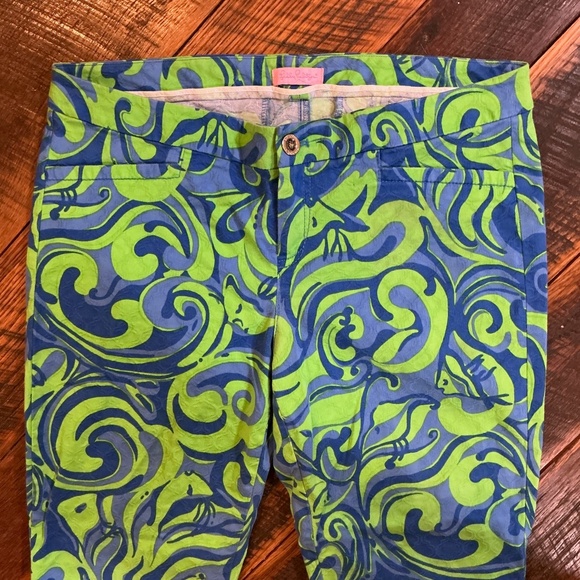 Lilly Pulitzer Blue Green Swirl Print Skinny Pants Size Small Cotton Blend - Picture 2 of 7